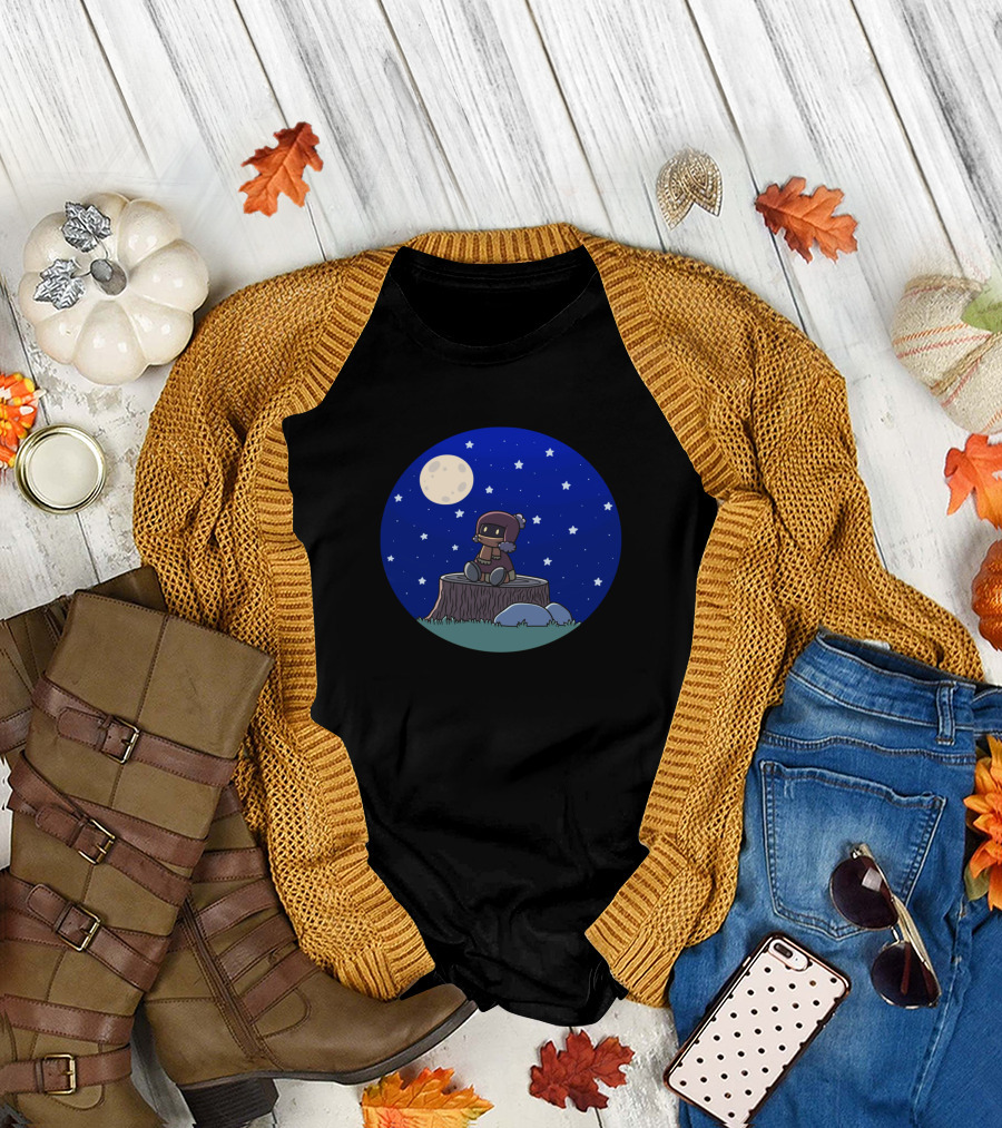 Moonlit Night Star Gazing with Cozy Character on Tree Stump T-Shirt