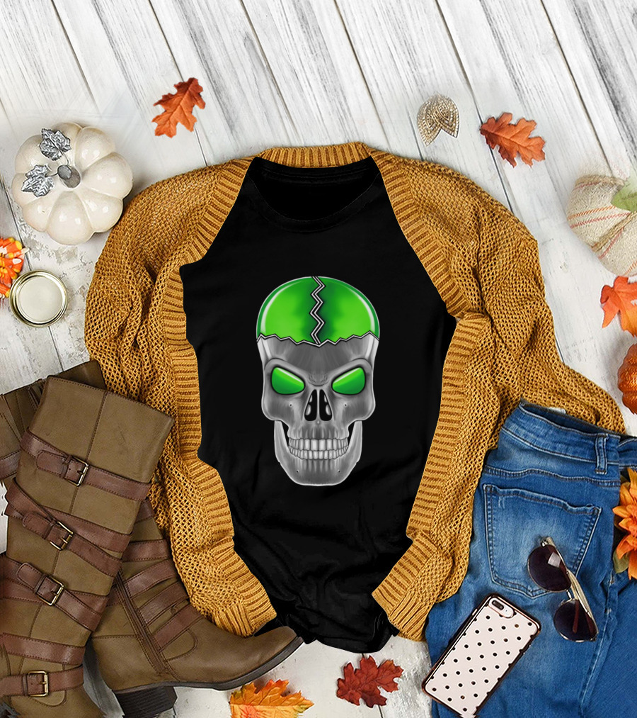 Skull with Green Crack Design and Transparent Background T-Shirt