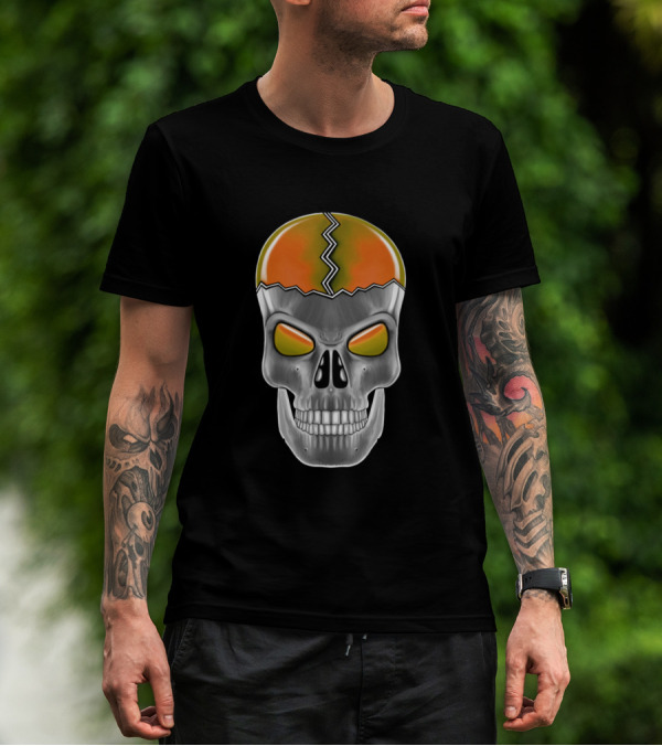 Orange Cracked Skull With Silver Teeth And Green Eyes T-Shirt