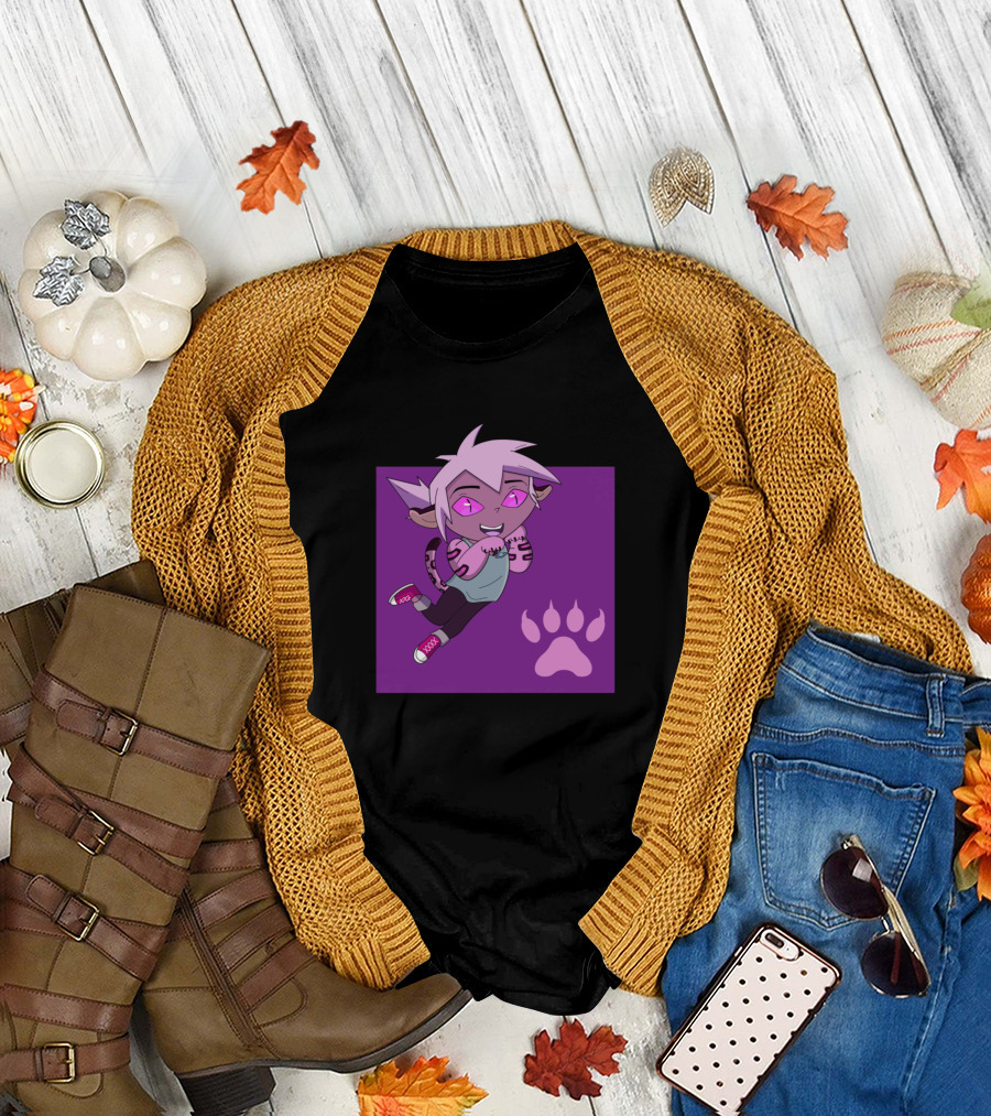 Chibi Jaguar Kipo Purple Cartoon Character with Pink Paw Prints T-Shirt