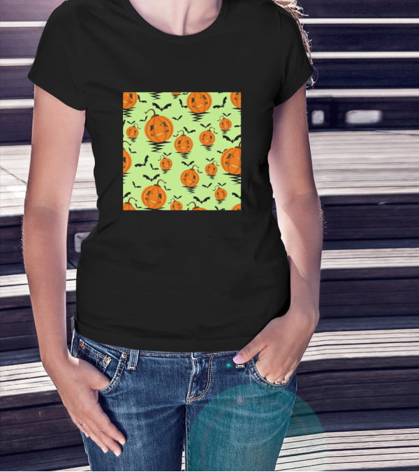 Halloween Pumpkins And Bats On Green Background T-Shirt