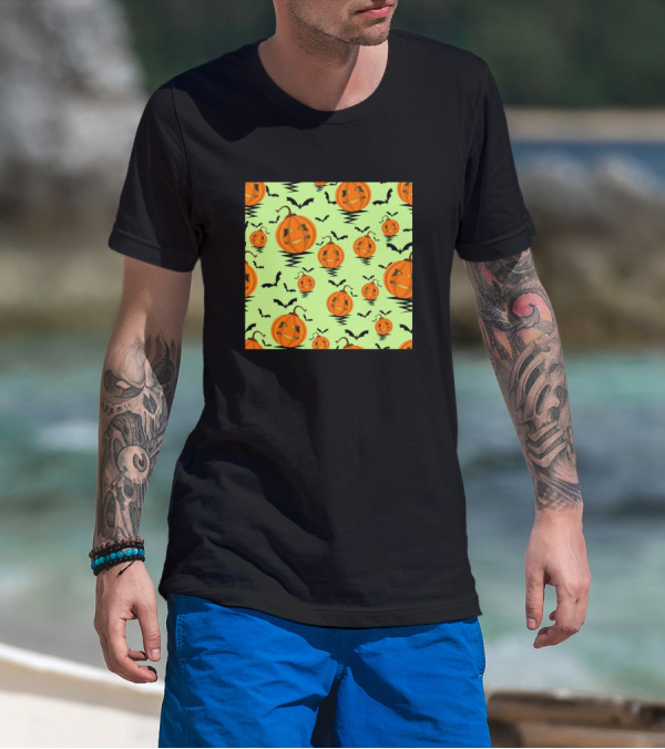 Halloween Pumpkins And Bats On Green Background T-Shirt