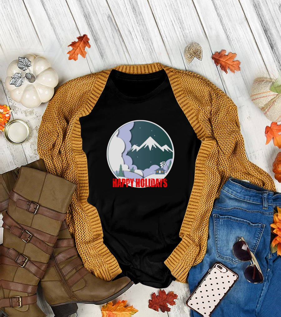 Happy Holidays Winter Mountain Scene Paper Cutout T-Shirt
