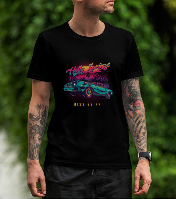 Holly Springs Mississippi Retro Vintage Classic Car Palm Trees Sunset T-Shirt