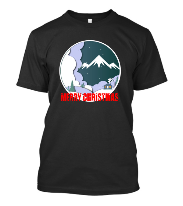 Merry Christmas Snowy Mountain Night Scene Paper Cutout T-Shirt