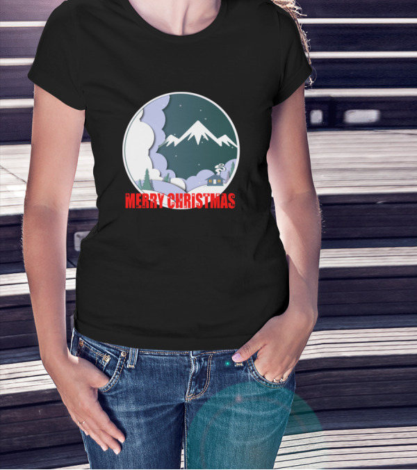 Merry Christmas Snowy Mountain Night Scene Paper Cutout T-Shirt