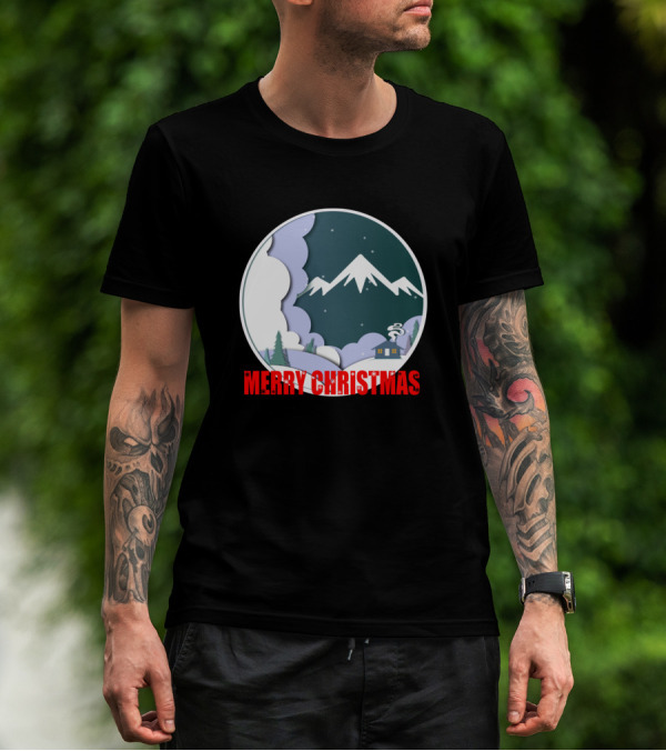 Merry Christmas Snowy Mountain Night Scene Paper Cutout T-Shirt