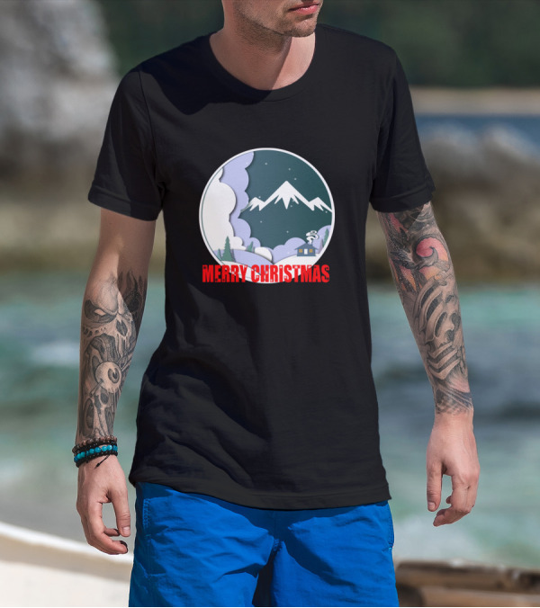 Merry Christmas Snowy Mountain Night Scene Paper Cutout T-Shirt