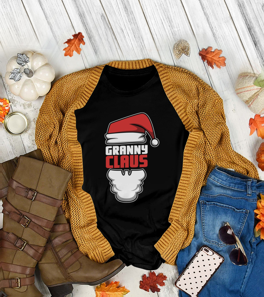 Granny Claus Wearing Red Santa Hat with White Beard T-Shirt