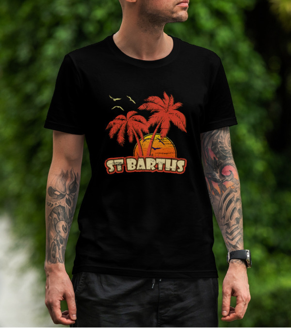 St Barths Vintage Sunset Palm Trees And Birds T-Shirt