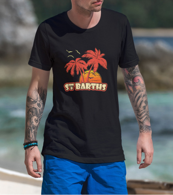 St Barths Vintage Sunset Palm Trees And Birds T-Shirt