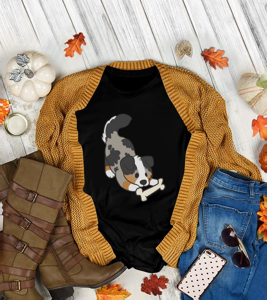 Dogs Australian Shepherd126 Playful Pup with Bone T-Shirt