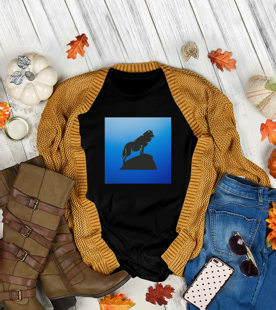 Night Wolf Silhouette on Blue T-Shirt