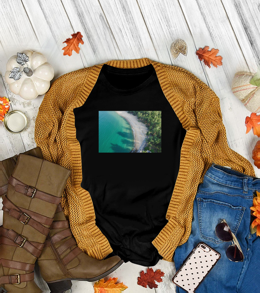 Aerial View of Sandy Beach with Clear Turquoise Waters and Lush Green Forest T-Shirt