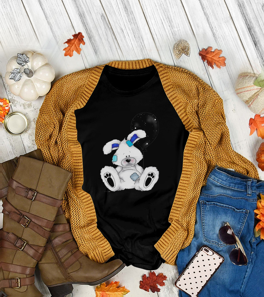 Bunny with Black Balloon and Blue Patches T-Shirt