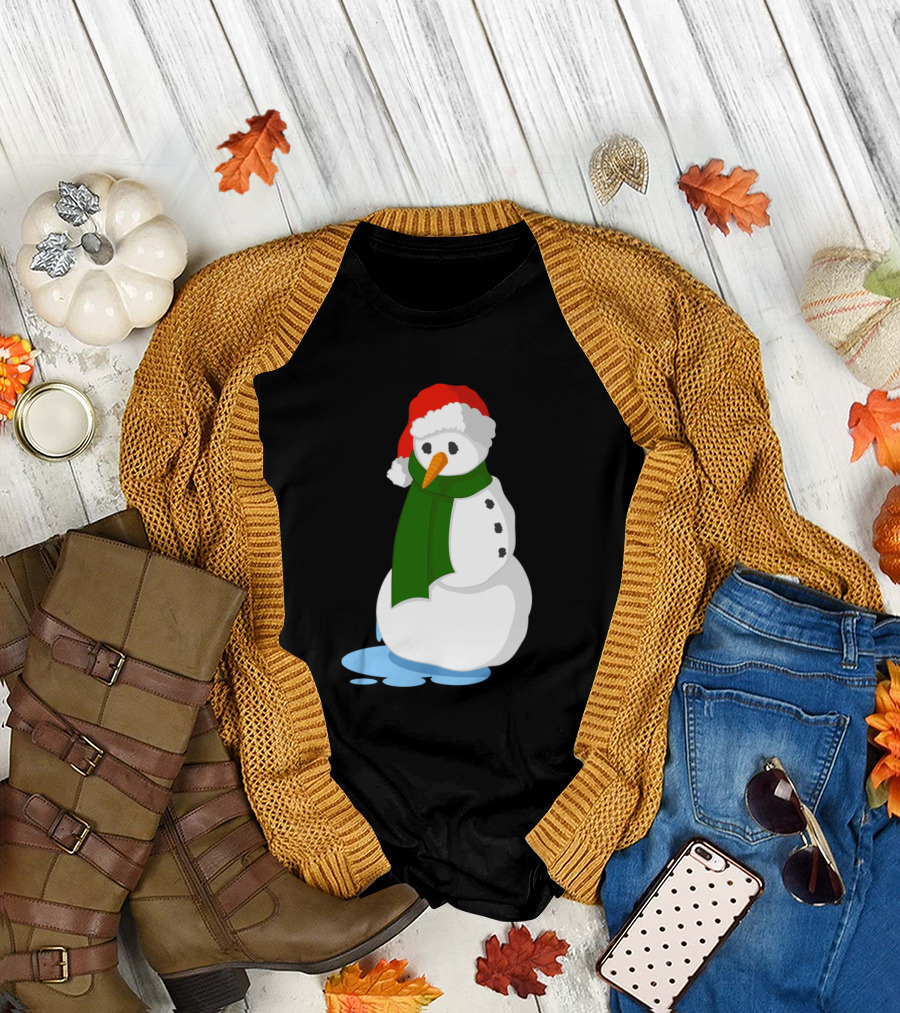 End Of The Season Melting Snowman Christmas Santa Hat Green Scarf T-Shirt