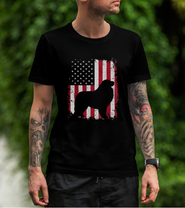 Great Pyrenees Silhouette With American Flag Background For 4th Of July T-Shirt
