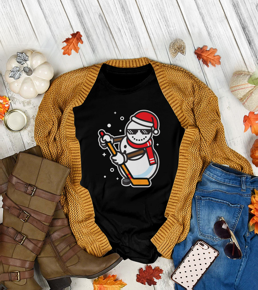 Ice Hockey Player Cool Snowman Funny Boy with Santa Hat T-Shirt