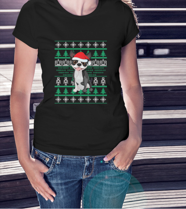 Boston Terrier Santa Hat Christmas T-Shirt