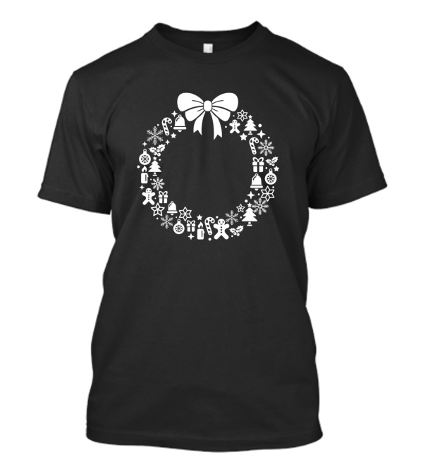 Christmas Wreath Gingerbread Bells Snowflakes Trees Candy Canes Bow T-Shirt