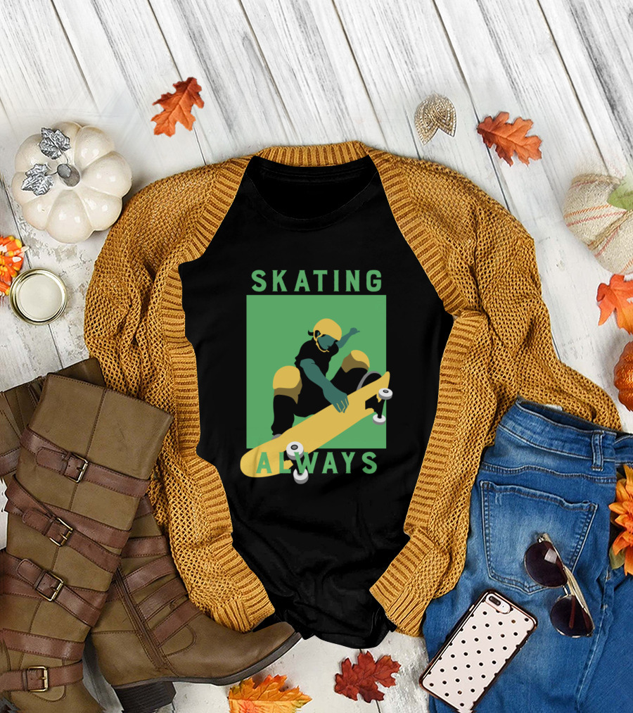 Skating Always Skateboarder in Yellow and Black Gear T-Shirt