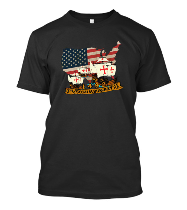 1492 Columbus Day American Flag Map With Ships T-Shirt