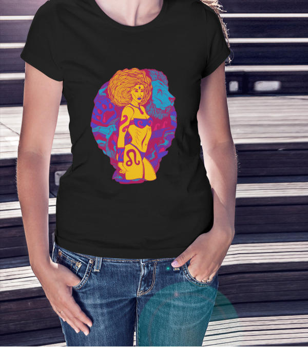 Leo Zodiac Goddess With Vibrant Lion And Astrological T-Shirt