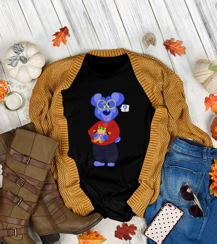 Fuzzy Blue Bear with Yellow Glasses Holding Cartoon Character T-Shirt
