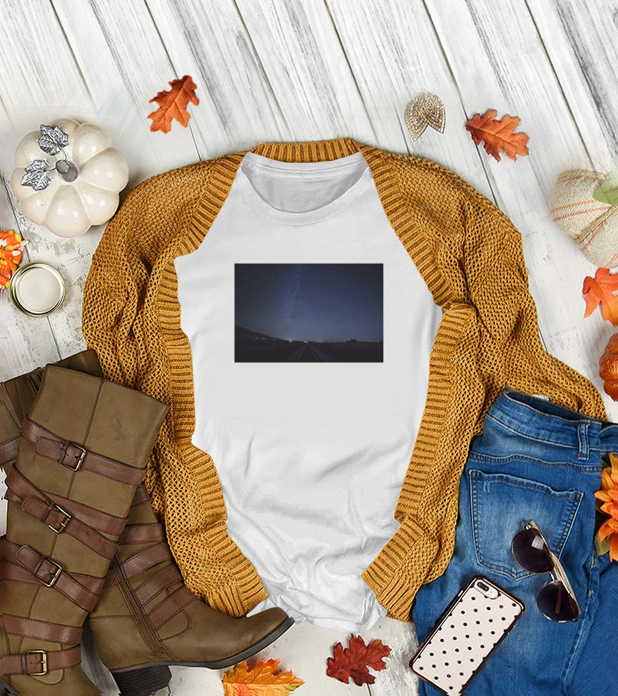 Night Sky Stars with Galaxy Lights on Railroad Horizon T-Shirt