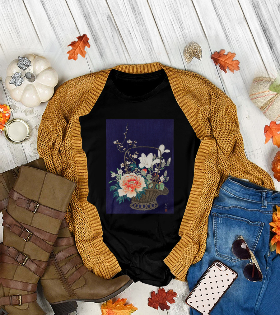 Bamboo Flower Basket with Elegant Bloom Arrangement T-Shirt