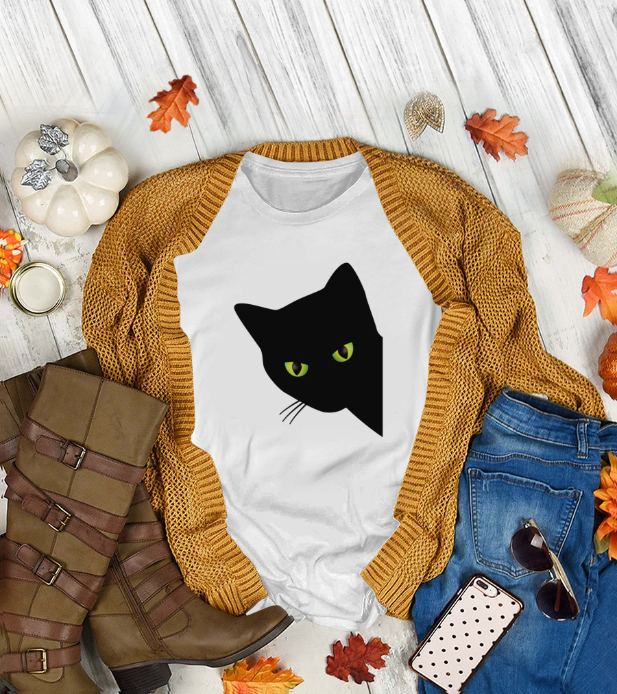 Annoyed Black Cat Peering with Green Eyes Behind Corner T-Shirt