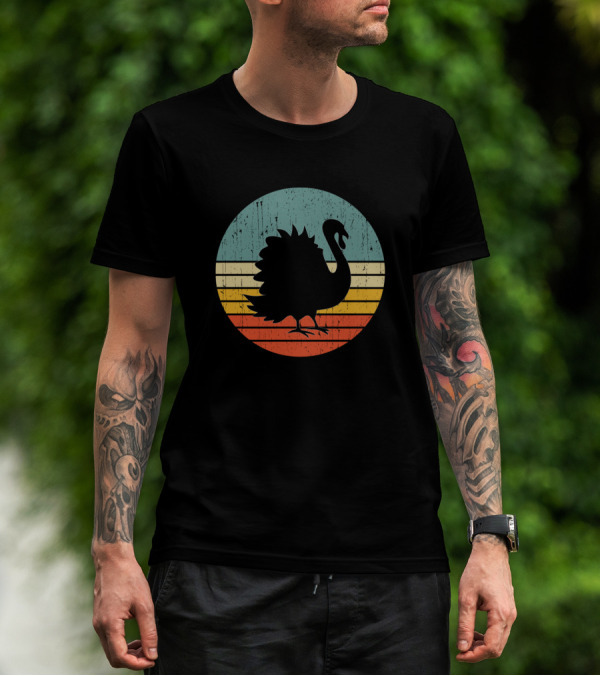 Retro Turkey Silhouette Against Colorful Sunset Stripes T-Shirt