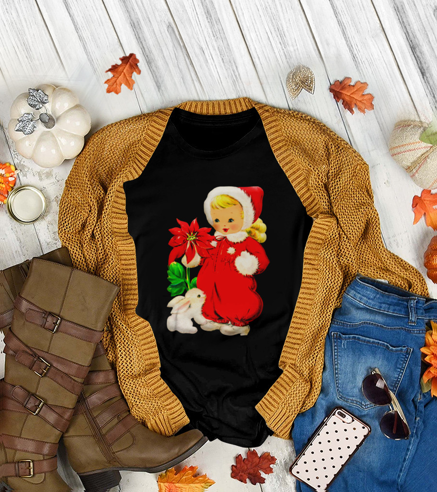 Vintage Christmas Girls Red Outfit with Poinsettia and White Bunny T-Shirt