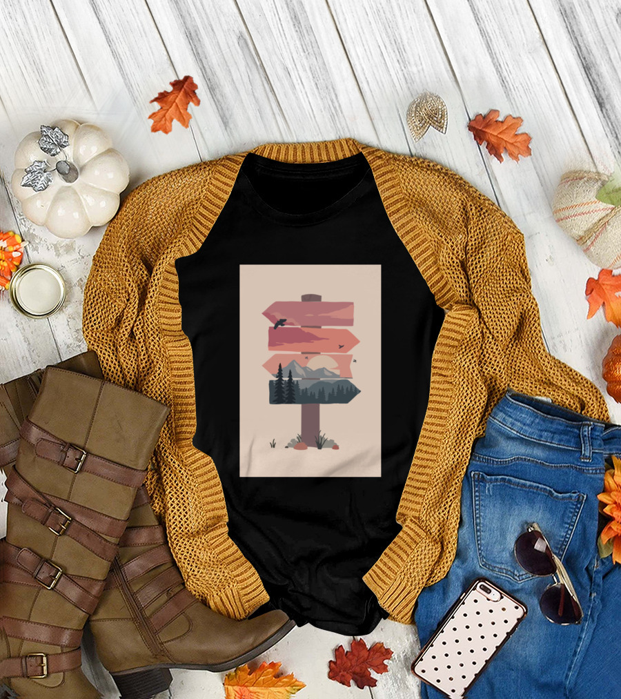 Beach Vibes Mountain Sunset and Forest Signpost T-Shirt