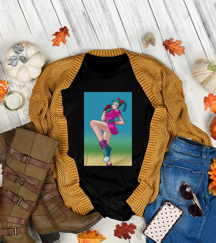 Dragonball Character Bulma in Iconic Outfit with Blue Hair and Accessories T-Shirt