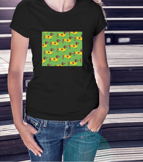 Dachshund Pattern With Hearts On Green Background T-Shirt