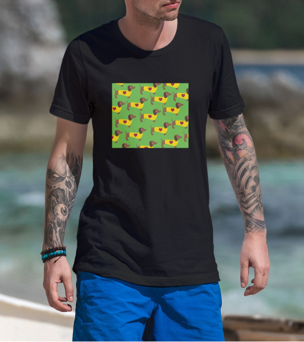 Dachshund Pattern With Hearts On Green Background T-Shirt