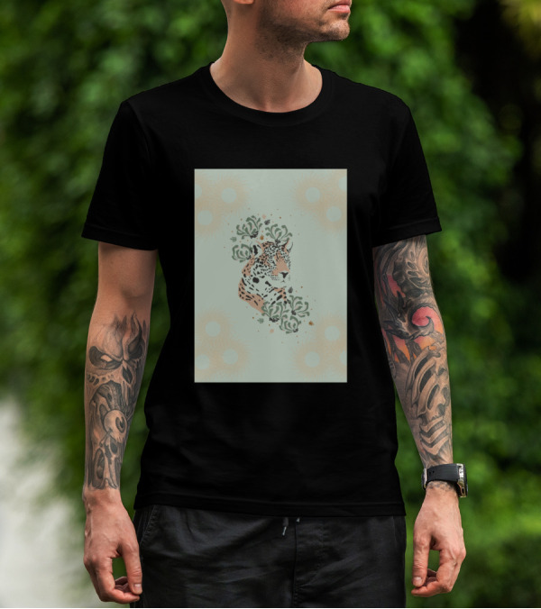 Leopard Surrounded By Tropical Greenery And Abstract Sunbursts T-Shirt