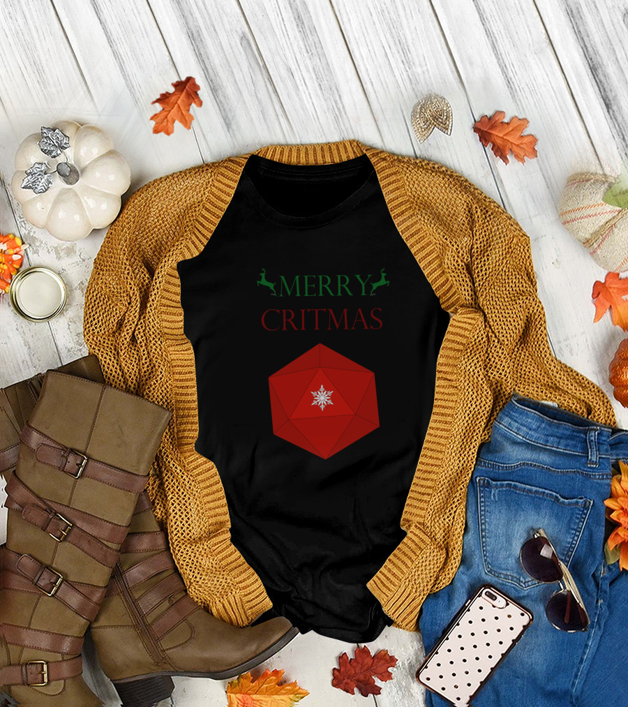 Merry Critmas Green Reindeer Red D20 Snowflake Christmas T-Shirt