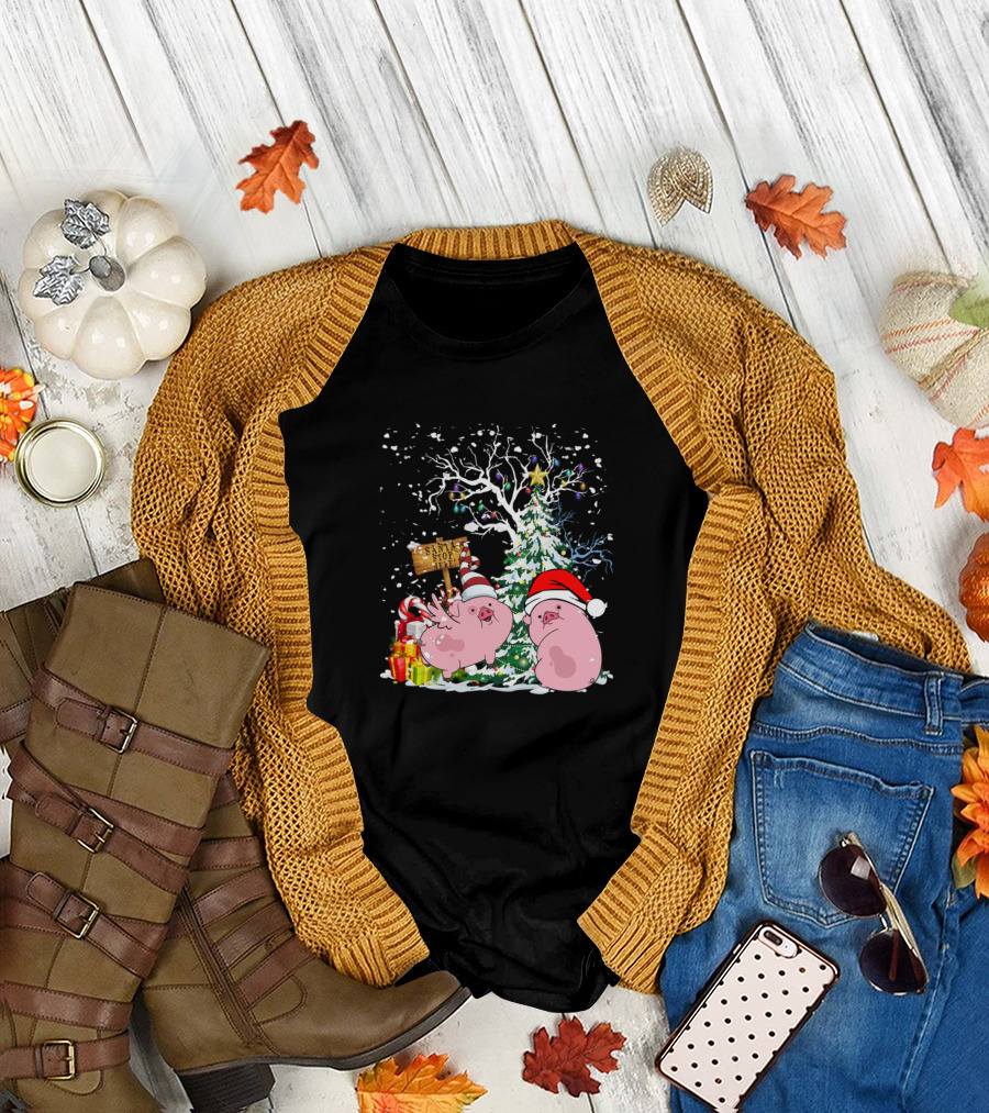 Pigs with Santa Hats Christmas Tree Snow Gifts Ornaments T-Shirt