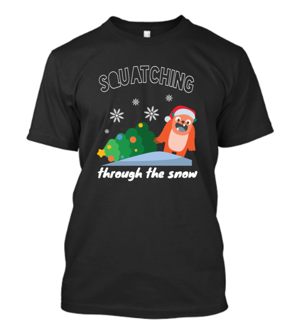 Squatching Through The Snow Christmas Sasquatch Holiday Santa Hat Snowflakes T-Shirt