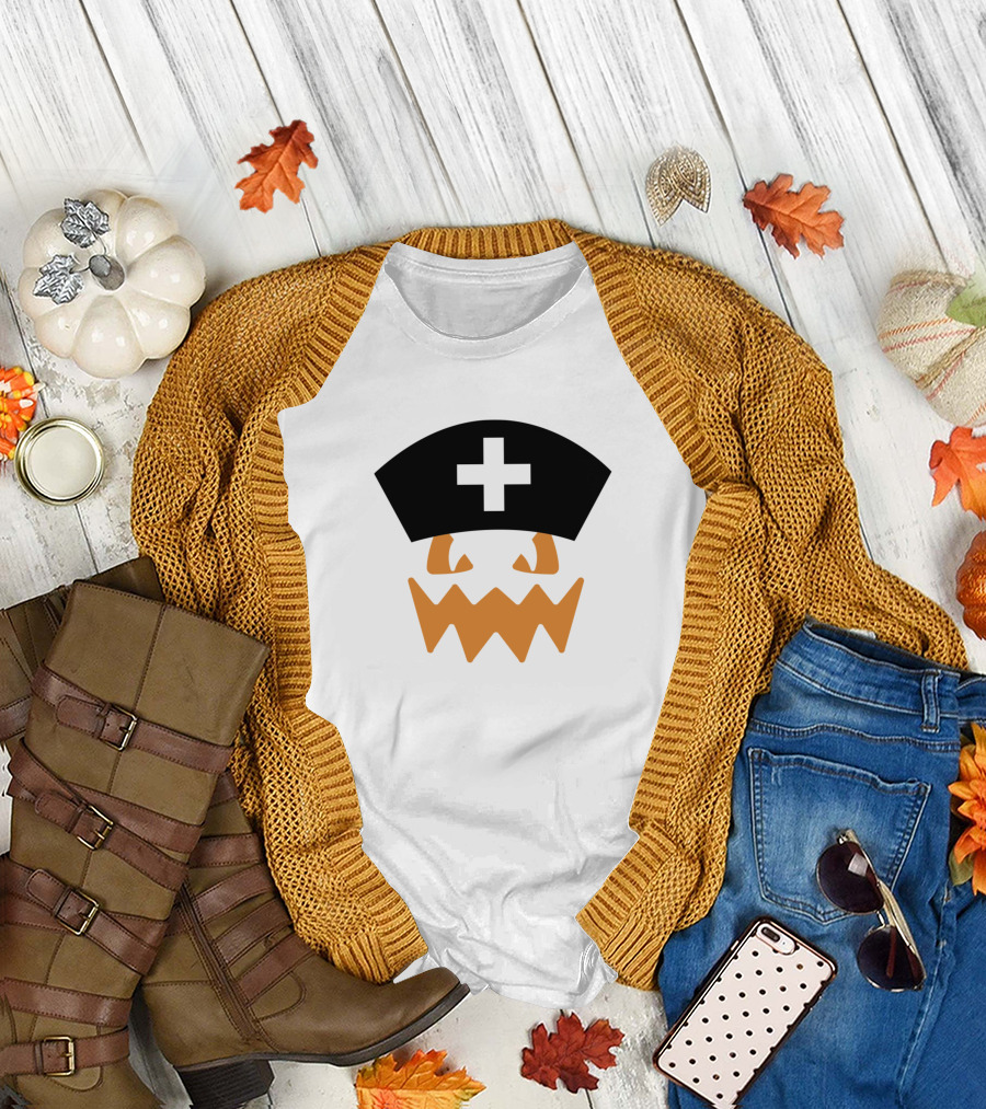Pumpkin Nurse Face with Nurse Hat Halloween T-Shirt