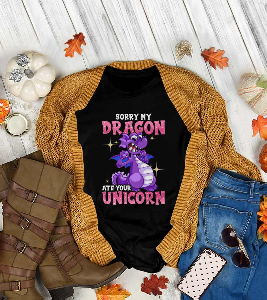 Sorry My Dragon Ate Your Unicorn Funny Purple Cartoon Dragon T-Shirt