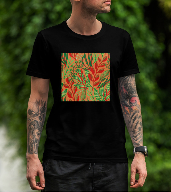 Neon Leafy Pattern With Red And Green Foliage On Orange Background T-Shirt