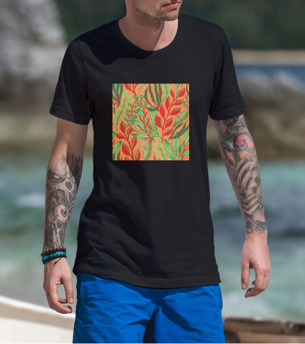 Neon Leafy Pattern With Red And Green Foliage On Orange Background T-Shirt