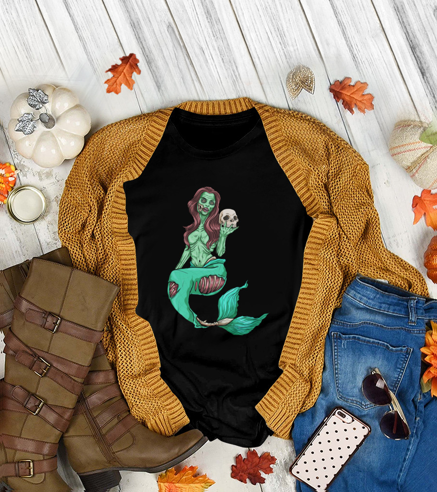 Zombie Mermaid Skeleton Halloween Costume with Skull Pose T-Shirt