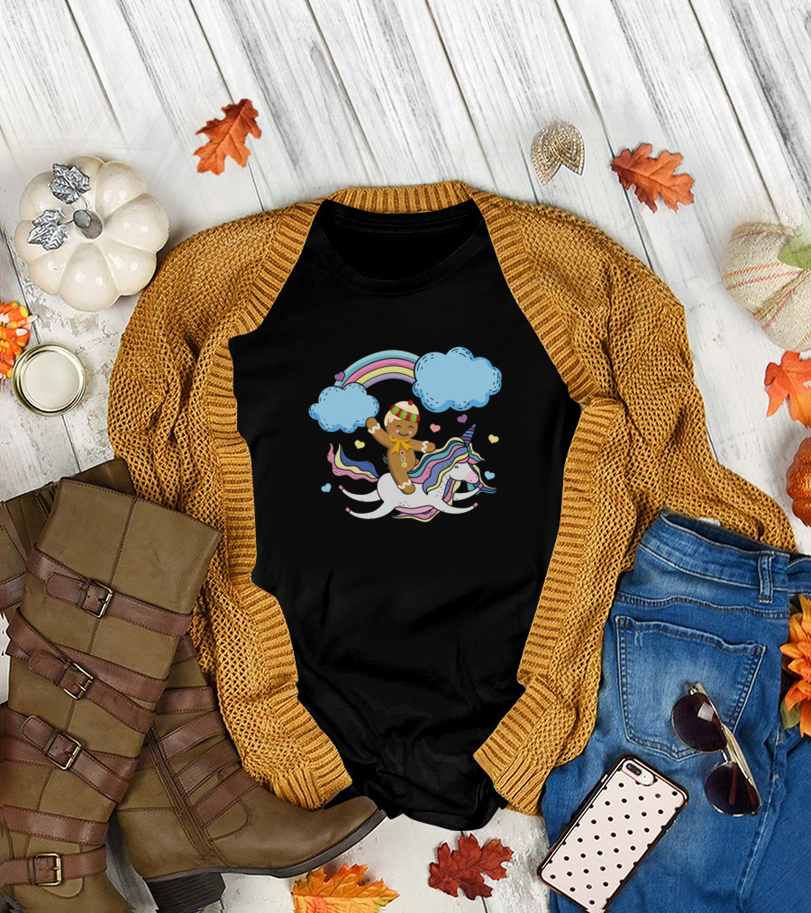 Gingerbread Man Riding A Unicorn Christmas Celebration with Rainbow and Clouds T-Shirt