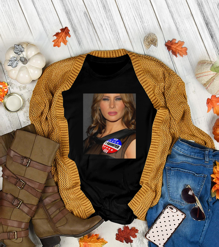I Squinted Stars and Stripes Button on Image of Woman T-Shirt