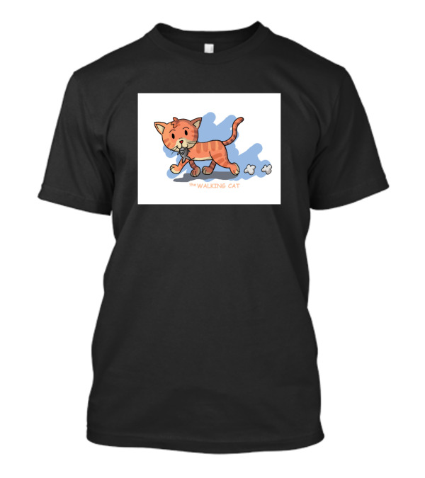 The Walking Cat Animated Cartoon Style Illustration With Playful Orange Cat And Paw Clouds T-Shirt
