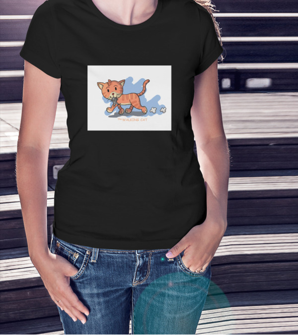 The Walking Cat Animated Cartoon Style Illustration With Playful Orange Cat And Paw Clouds T-Shirt